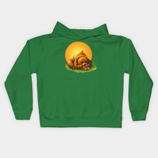 Cute Grizzly Bear and Yellow Bird in Sunset Kids Hoodie